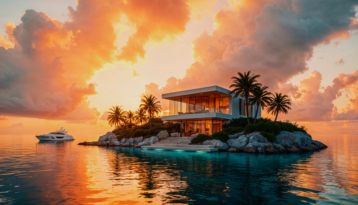 Behang met landschap - Villa op een eiland bij zonsondergang