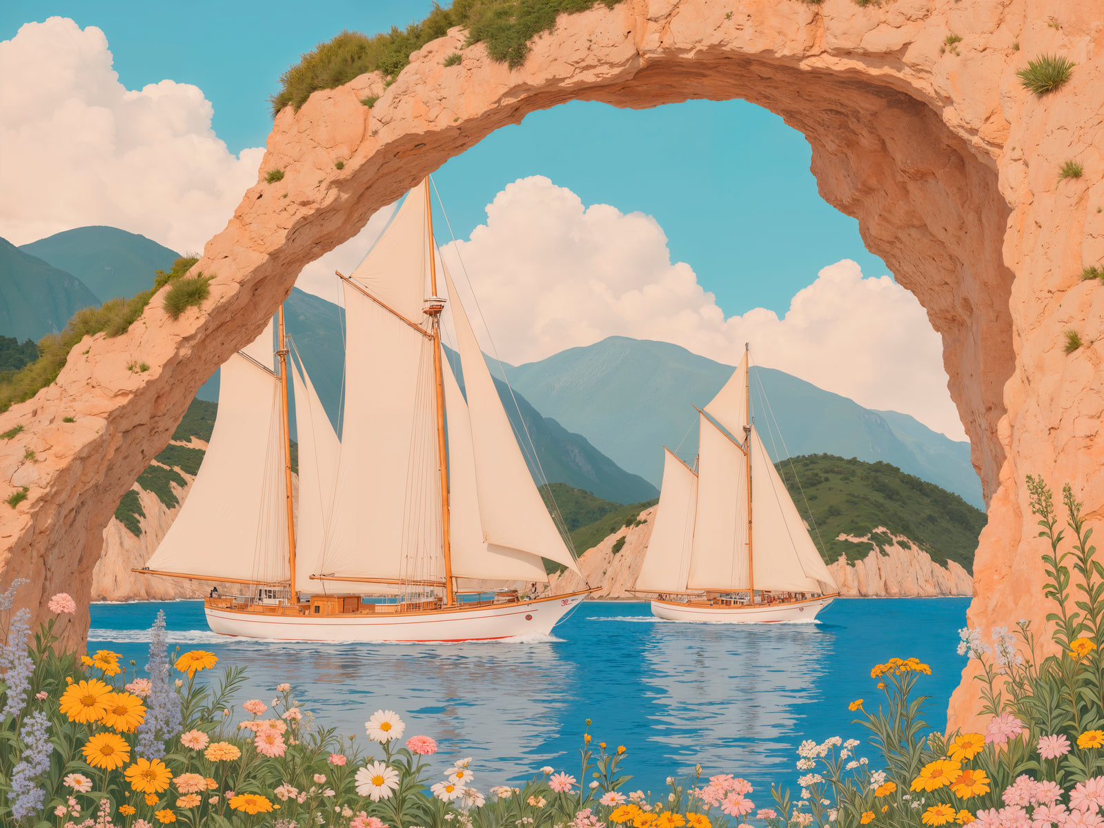 Landscape wallpaper – sailboats under a rocky arch
