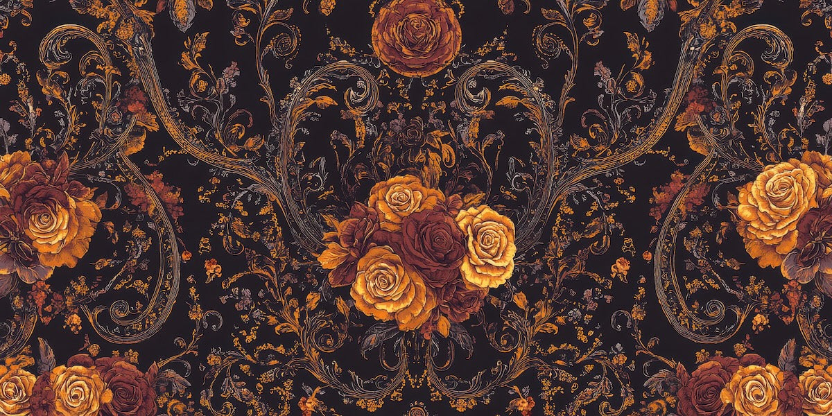 Papier peint baroque - fleurs dorées sur fond noir