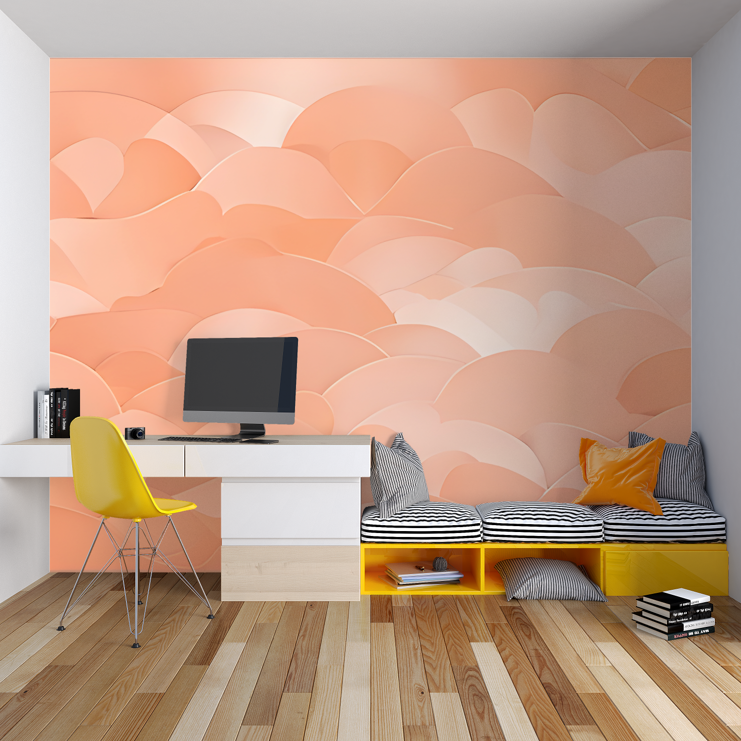 Papier Peint Géométrique - Vagues Abstraites Pêche