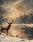 Papier Peint Illustration - Forêt Enneigée Et Cerf