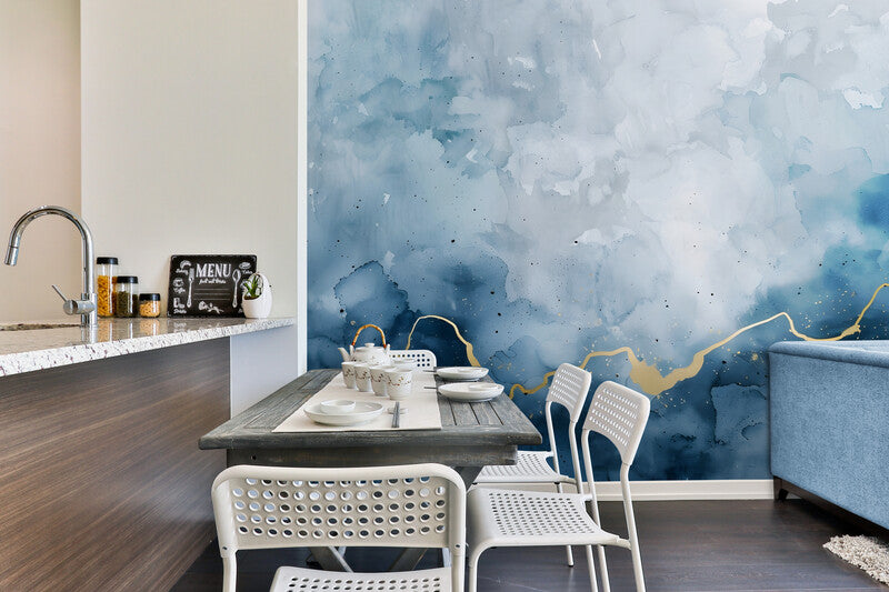 Papier Peint Aquarelle - Bleu Et Doré Élégant