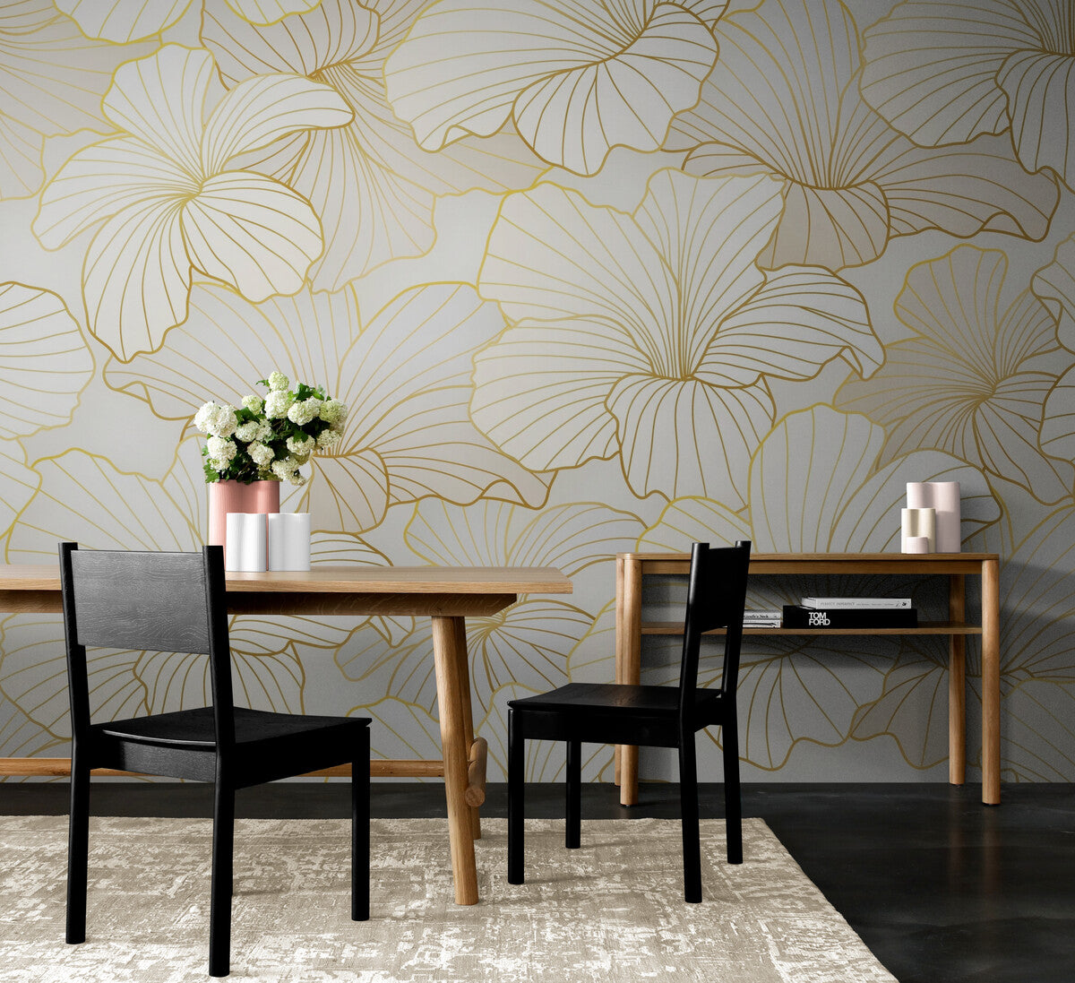 Papier Peint Floral - Fleurs Dorées Élégantes