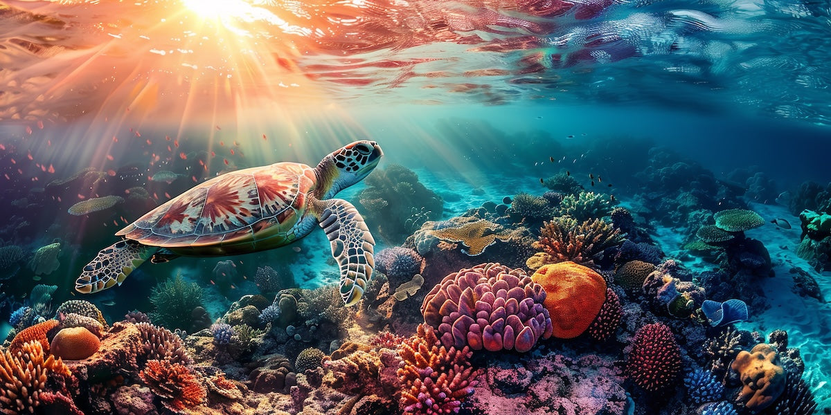 Papier peint animaux - tortue marine survolant le récif corallien