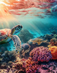 Papier peint animaux - tortue marine survolant le récif corallien