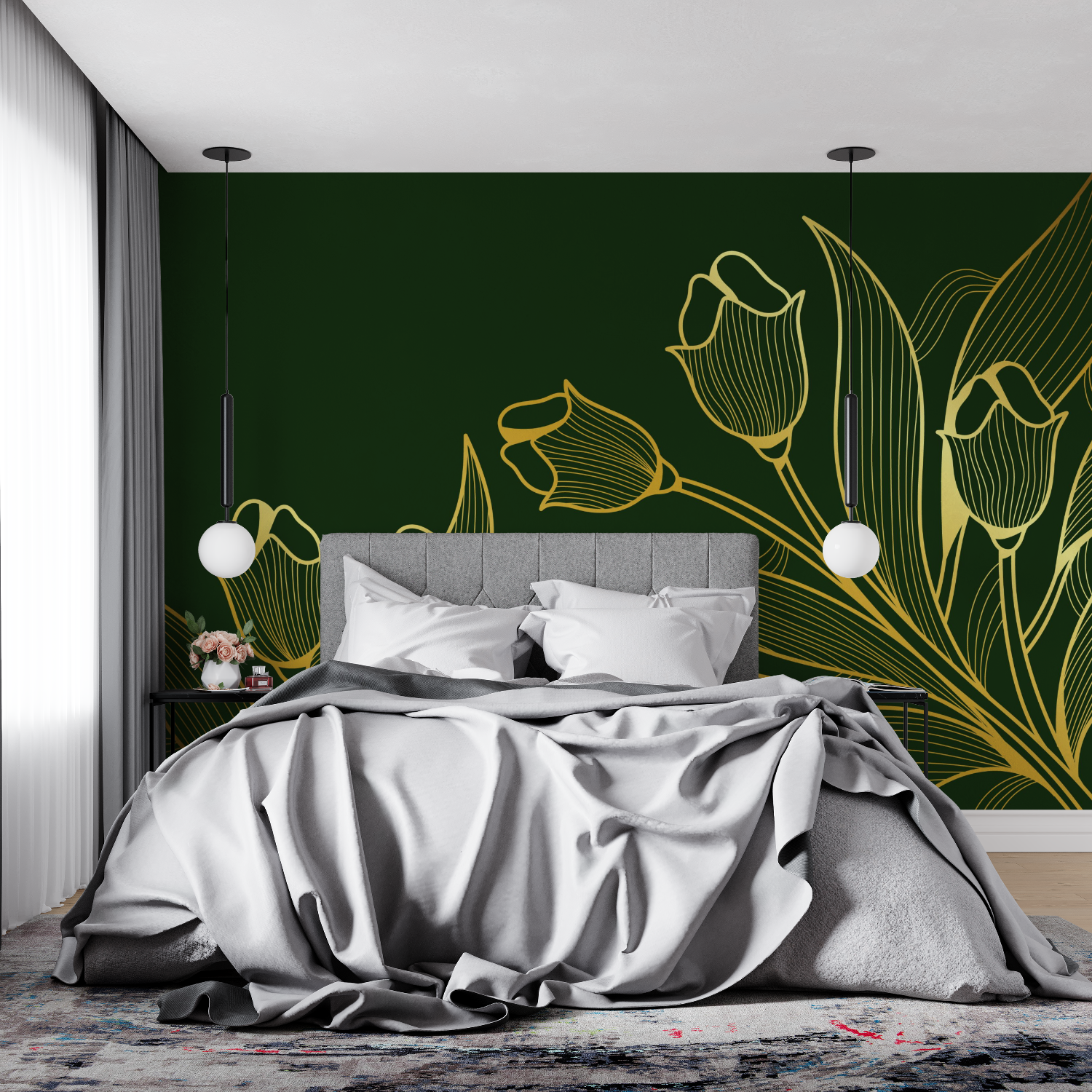 Floral Wallpaper - Golden Tulips on Green Background