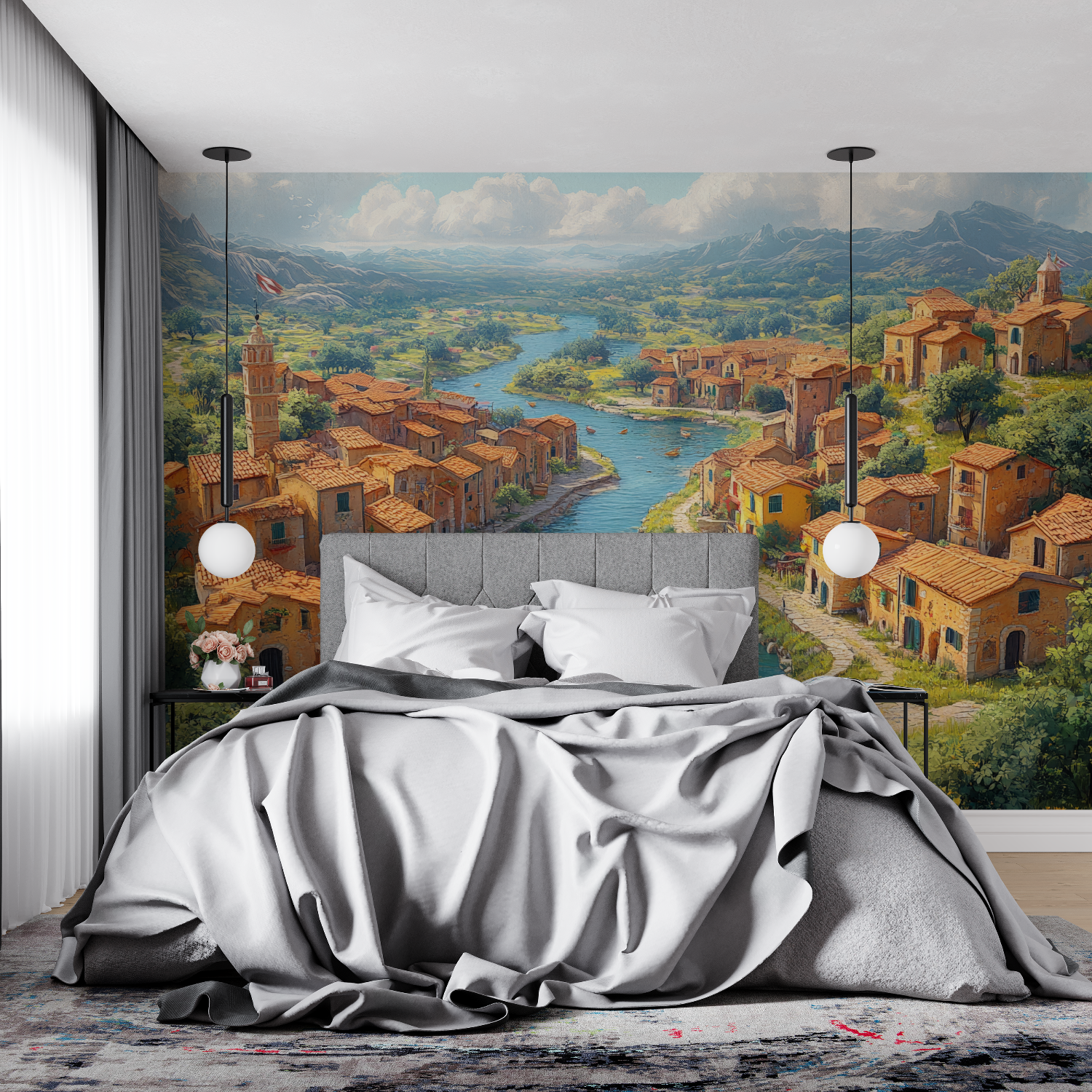 Papier Peint Paysage - Panorama de Village Italien en Bord de Lac