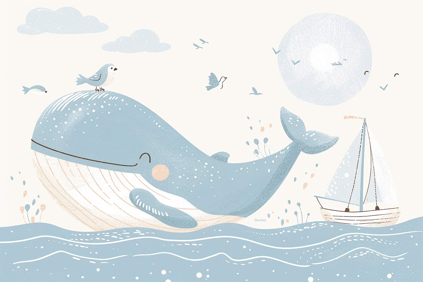 Papier Peint Enfant - Baleine Bleue Heureuse
