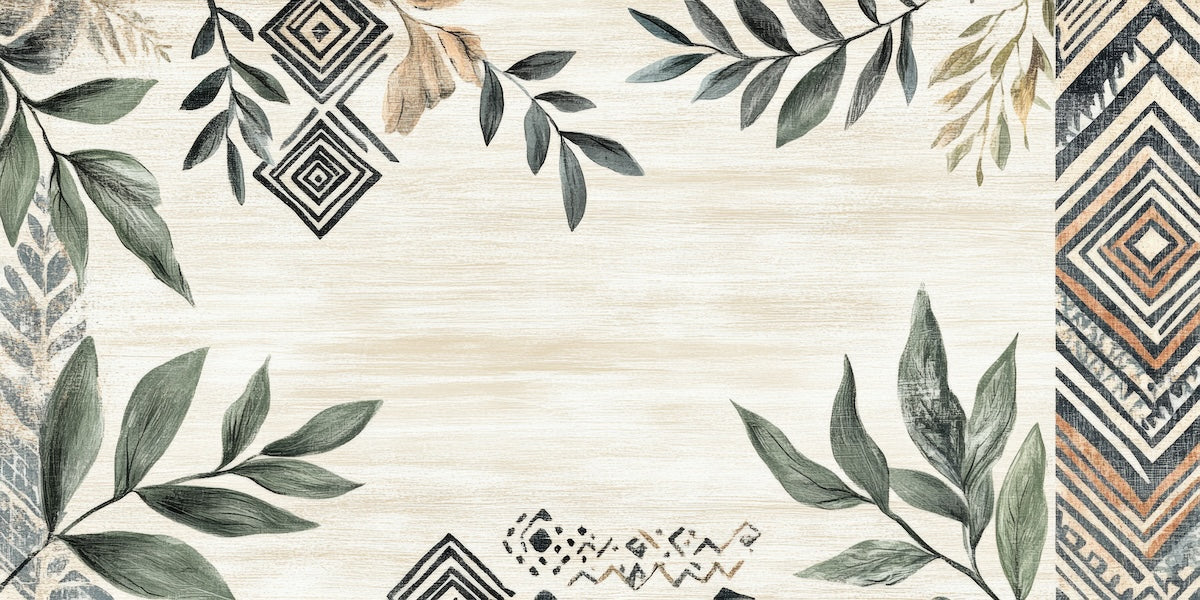 Papier peint boho - cadre de feuillages séchés et motifs ethniques