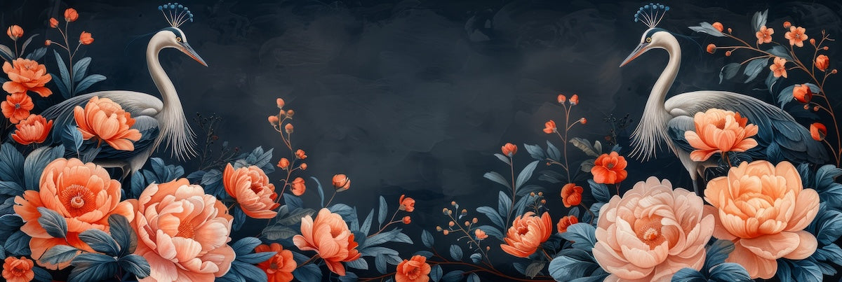Papier peint animaux - paons bleus parmi les pivoines orange