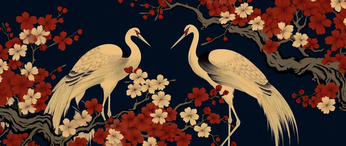 Papier peint animaux - couple de hérons et fleurs de cerisier