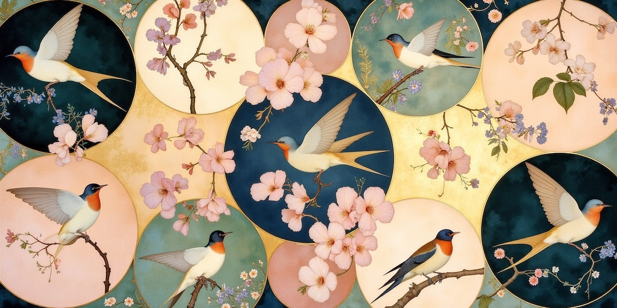 Papier peint animaux - médaillons rétro d'oiseaux et fleurs de cerisier