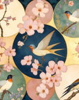 Papier peint animaux - médaillons rétro d'oiseaux et fleurs de cerisier