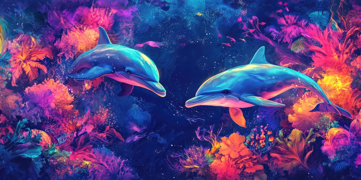 Papier peint animaux - dauphins néon fluo