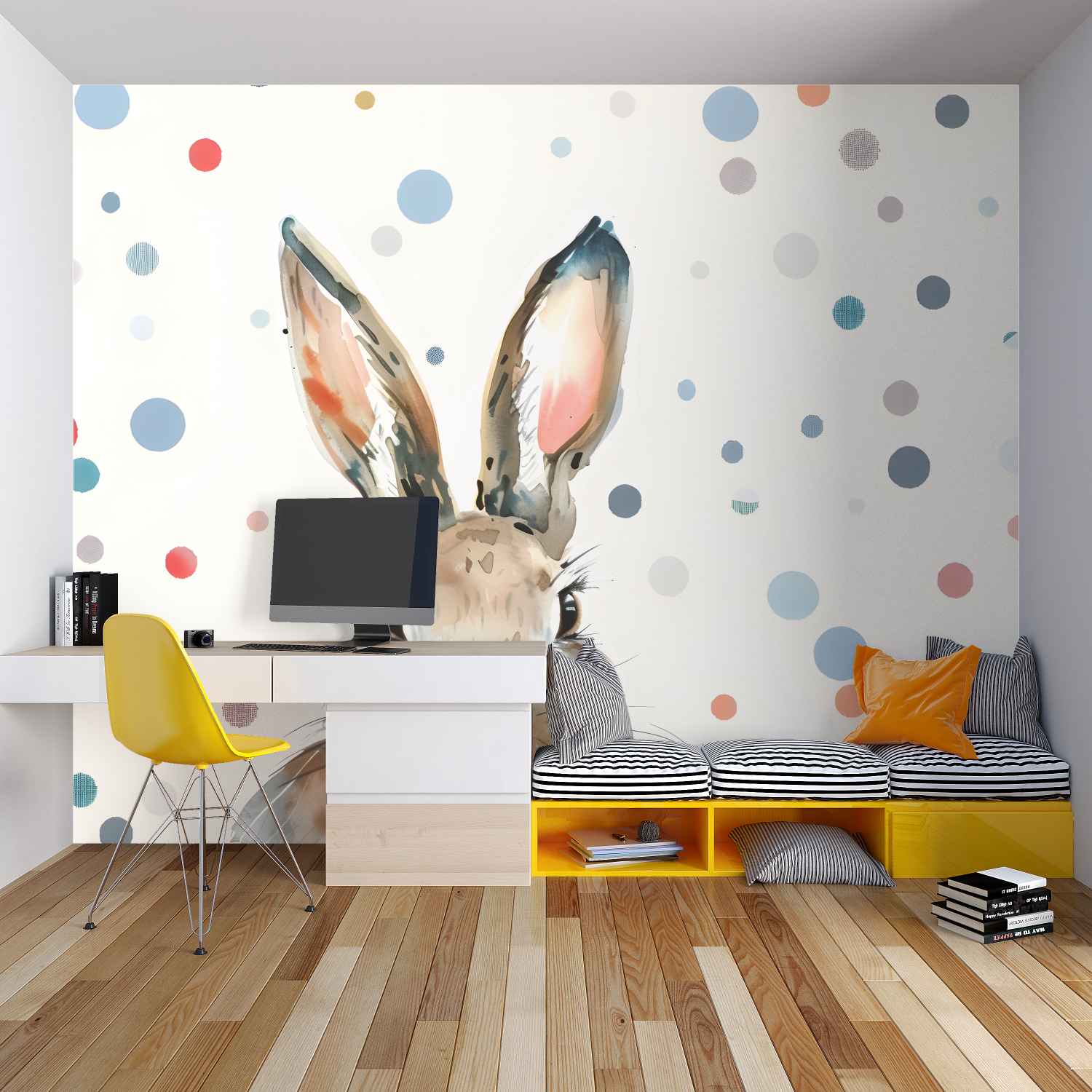 Children's Wallpaper - Rabbit and Colorful Polka Dots