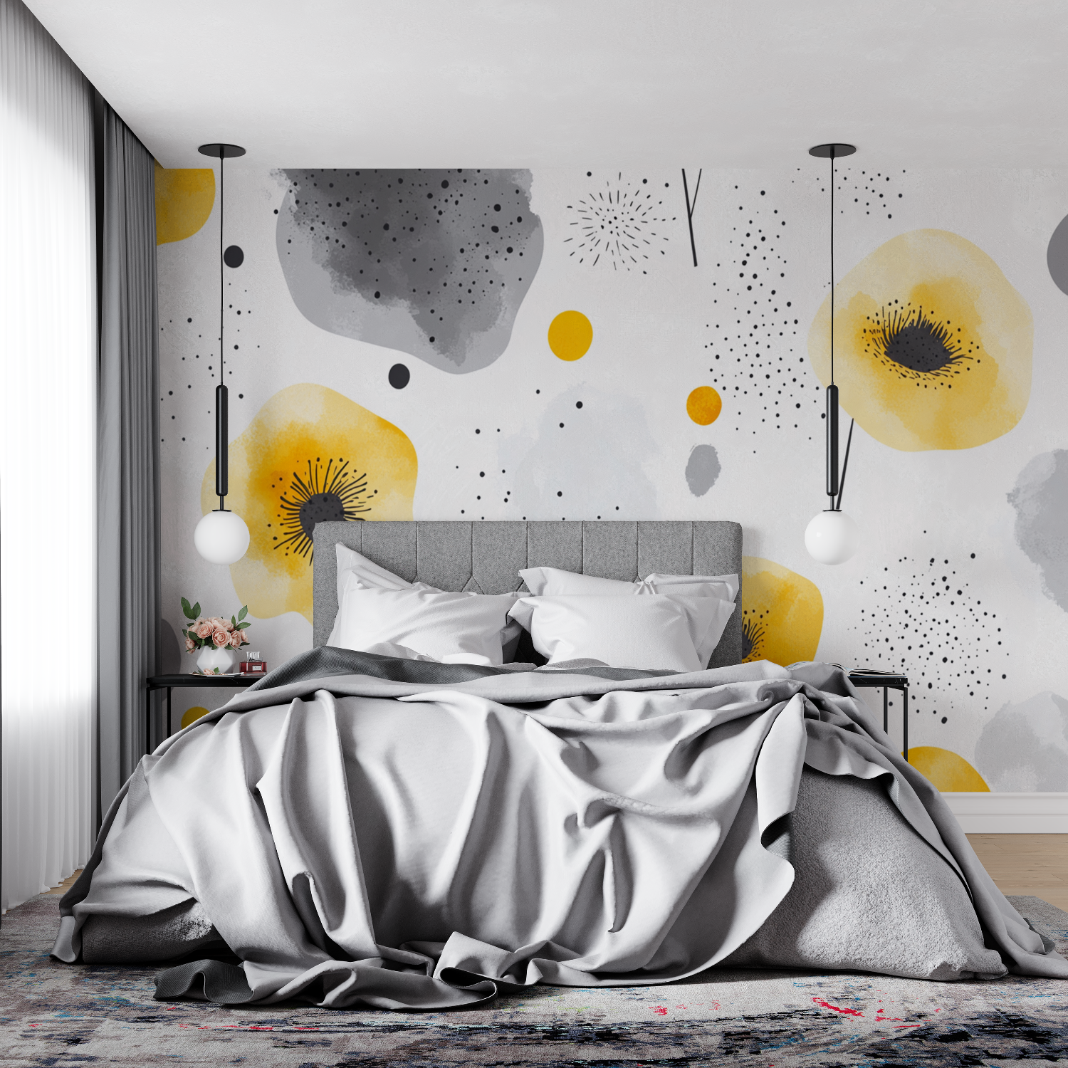Pastel Yellow and Gray Fleurds Wallpaper
