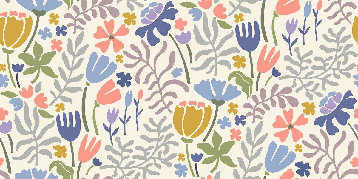 Papier peint fleuri - fleurs stylisées moutarde