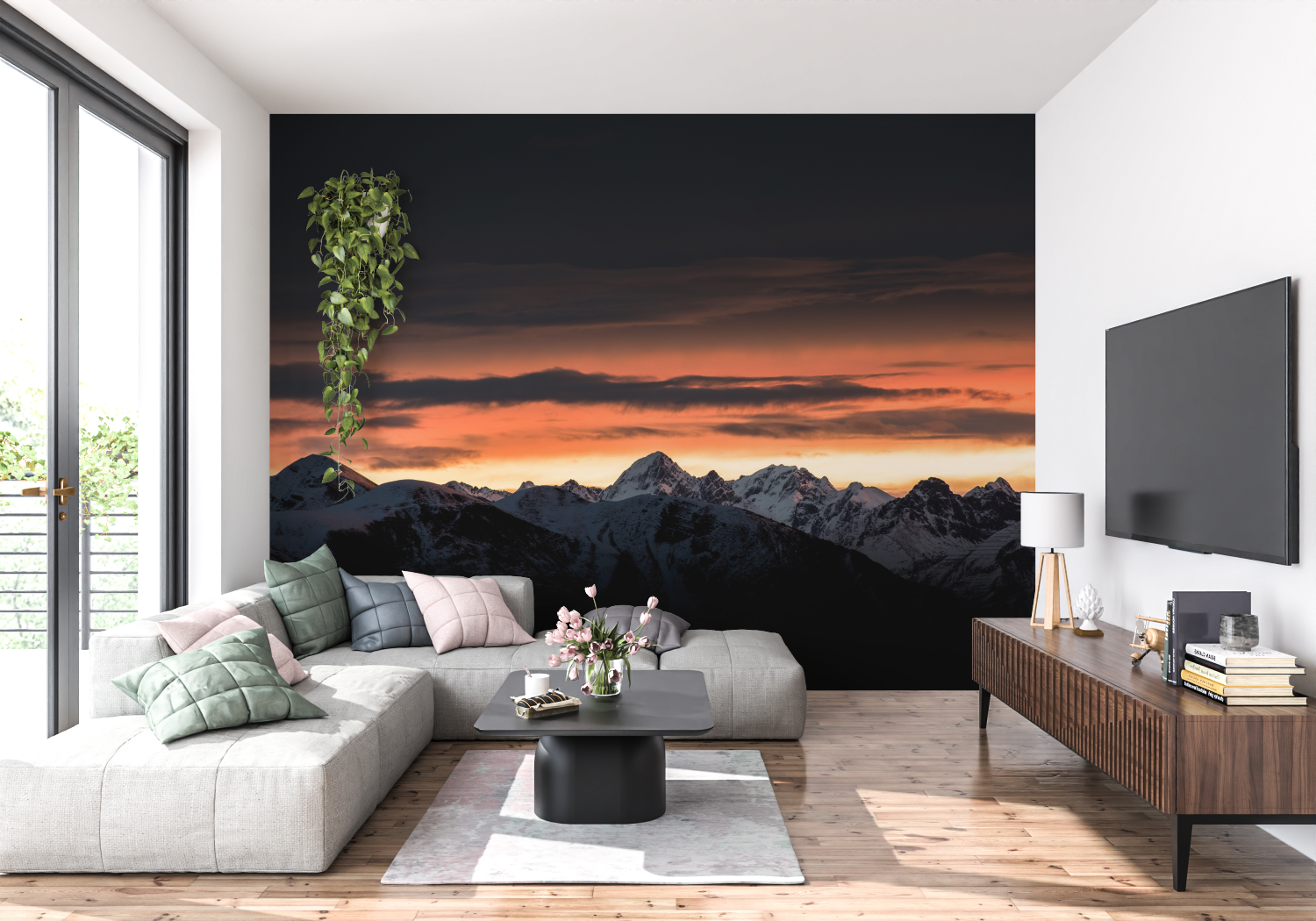 Papier Peint Paysage - Sommets Rocheux et Ciel de Feu