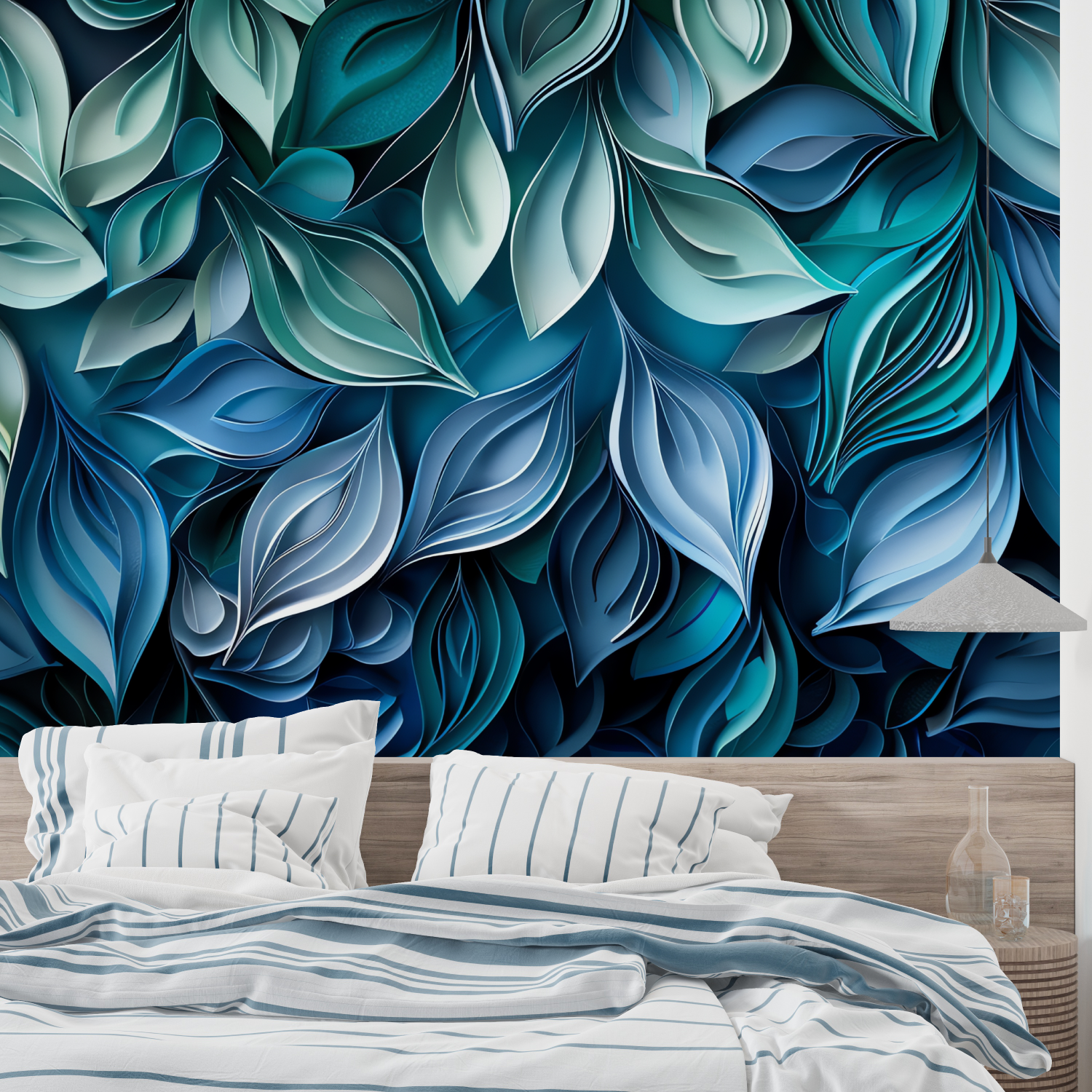 Foliage Wallpaper - Blue Leaves in Relief