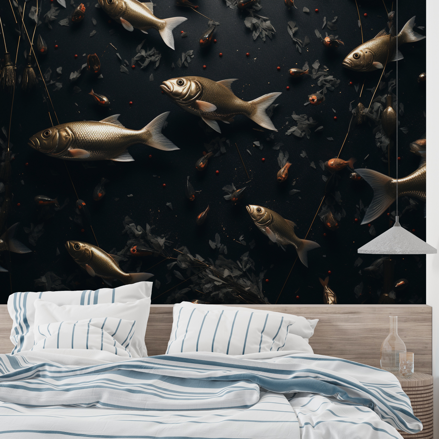 Papier Peint Animaux - Banc de Poissons sur Fond Noir
