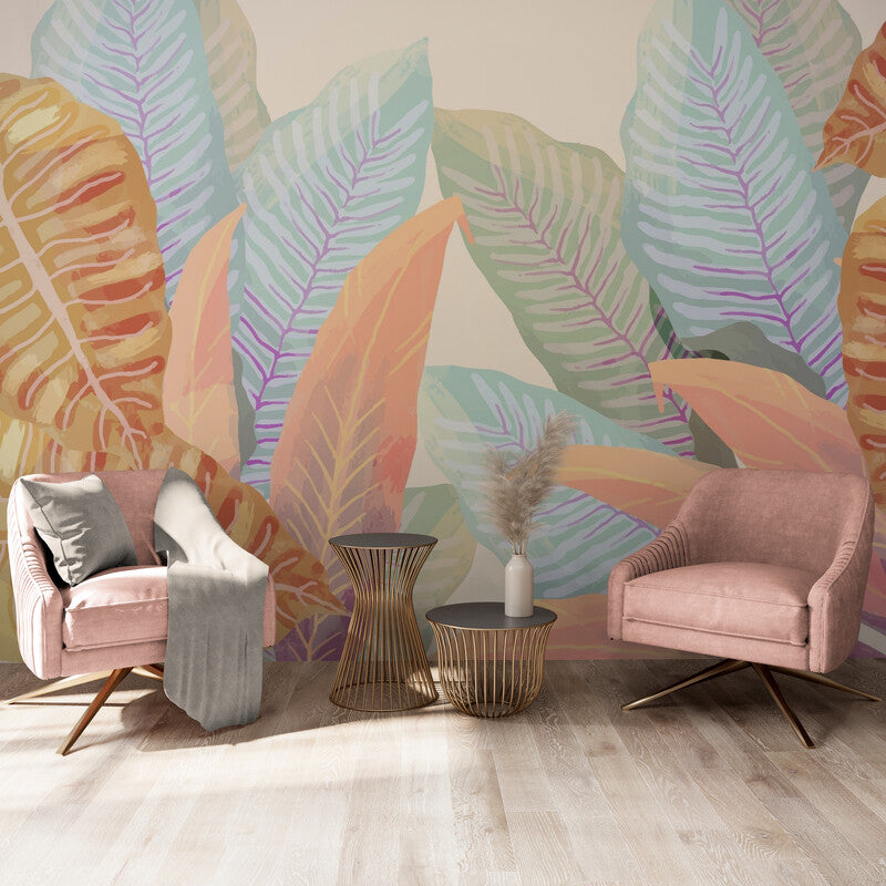 Foliage Wallpaper - Large Leaves in Pastel Shades
