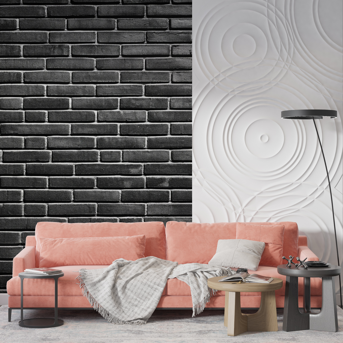 Brick-effect behang - Zwarte matte bakstenenmuur