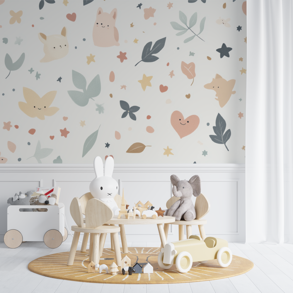 Children's Wallpaper - Little Creatures and Soft Leaves
