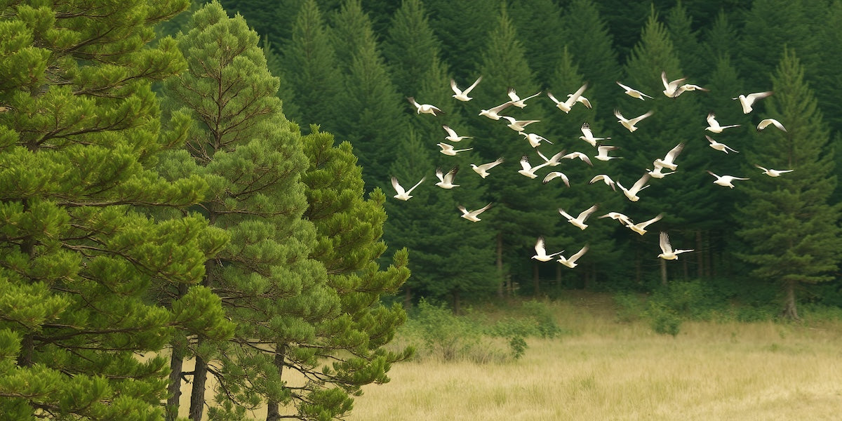 Papier peint animaux - envolée d'oiseaux sur la forêt
