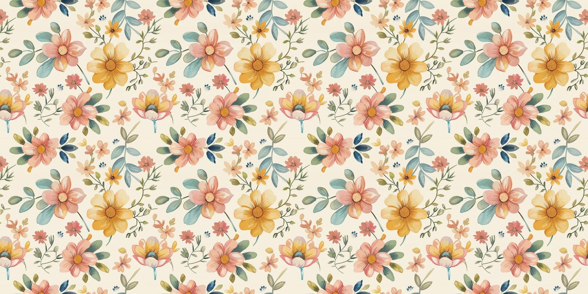 Papier peint fleuri - millefleurs jaune rétro