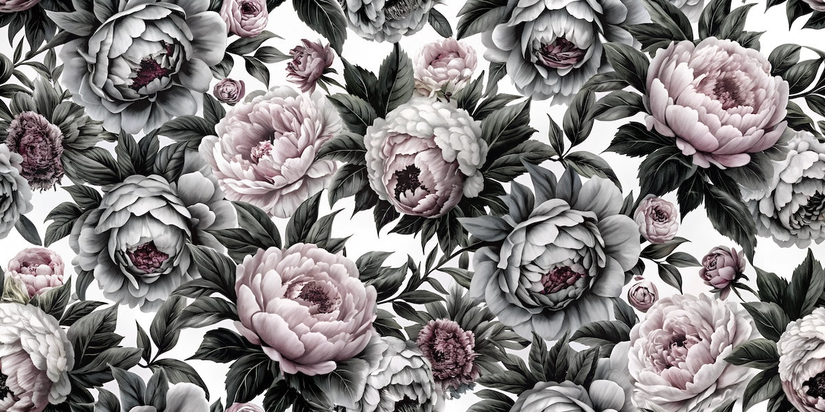 Papier peint fleuri - pivoines rétro grises