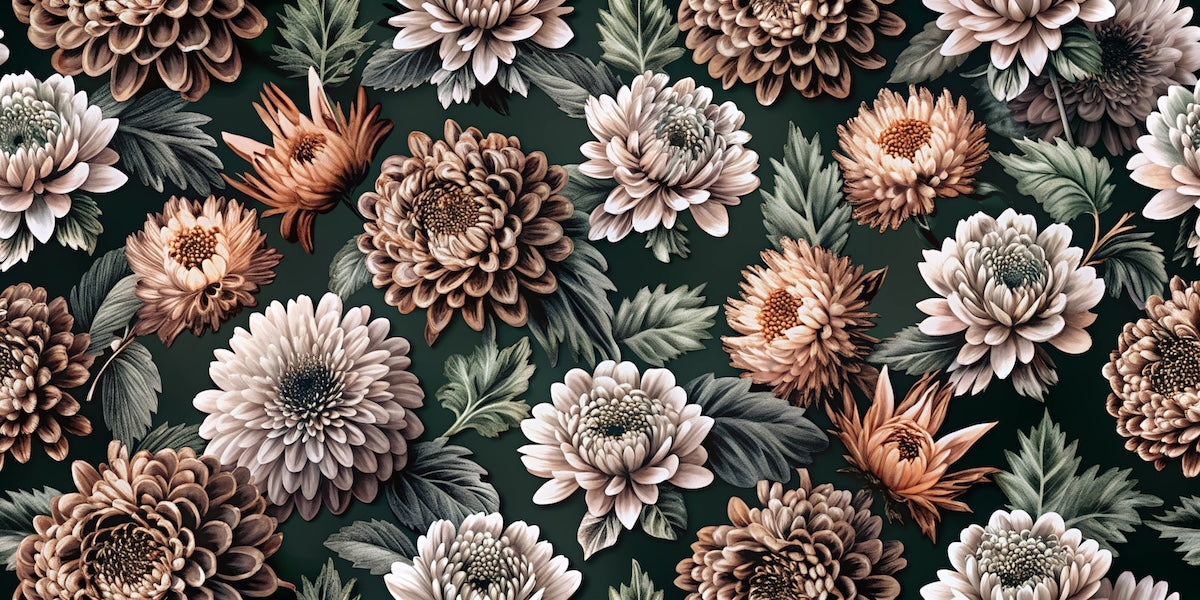 Papier peint fleuri - chrysanthèmes rétro sombres