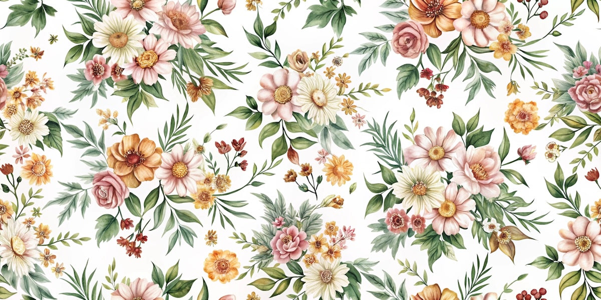 Papier peint fleuri - millefleurs champêtre frais