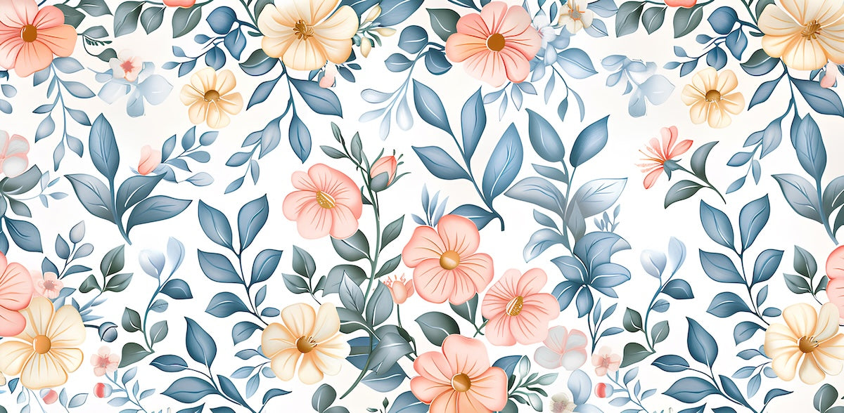Papier peint fleuri - aquarelle champêtre bleue