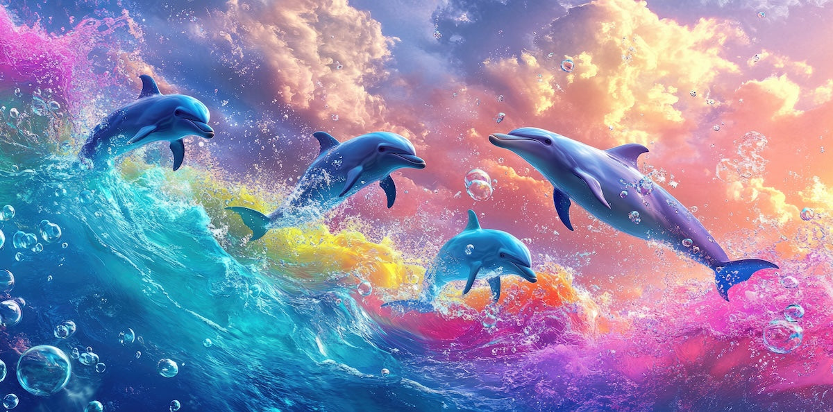 Papier peint animaux - dauphins jouant dans des vagues multicolores