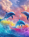Papier peint animaux - dauphins jouant dans des vagues multicolores