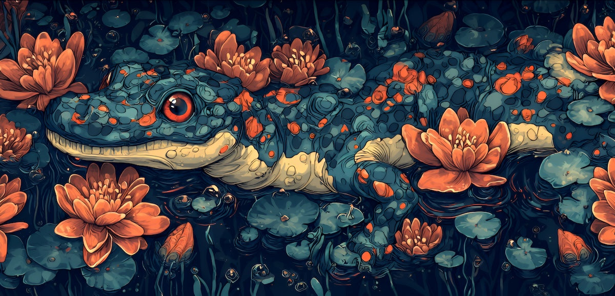 Papier peint animaux - crocodile caché parmi les lotus orange