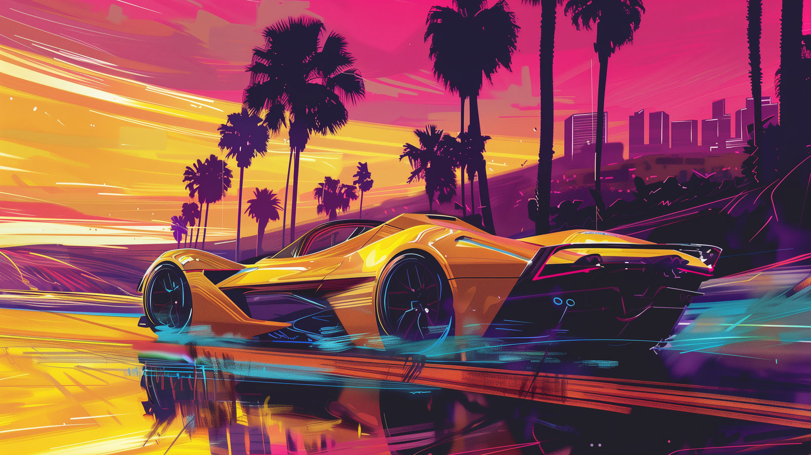 Papier Peint Rétro - Supercar Sunset Néon