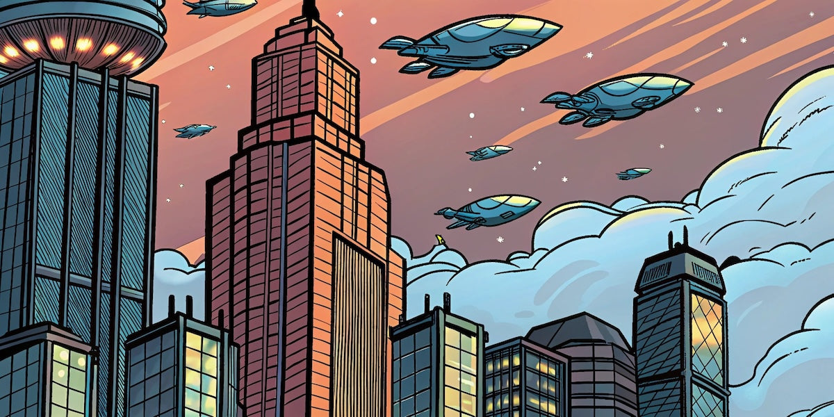 Papier peint pop art - ville futuriste et zeppelins
