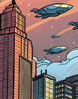 Papier peint pop art - ville futuriste et zeppelins
