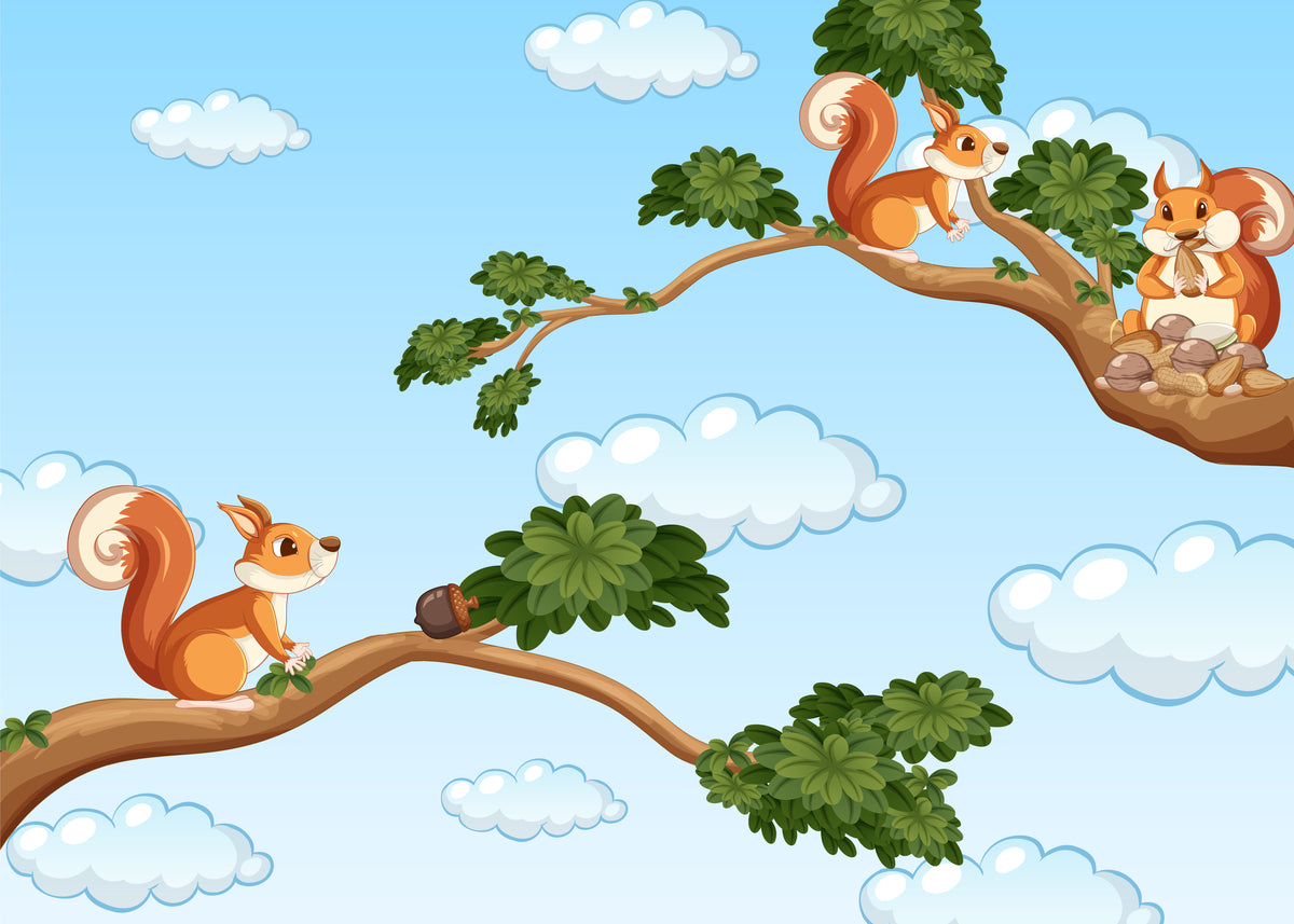 Papier peint enfant - Écureuils sur les branches des arbres