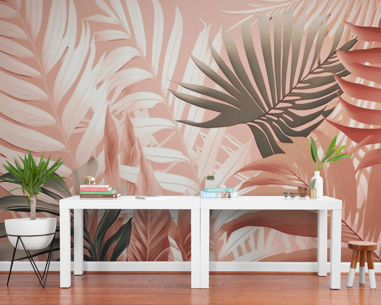 Papier Peint Tropical - Palmes en Dégradé Rosé