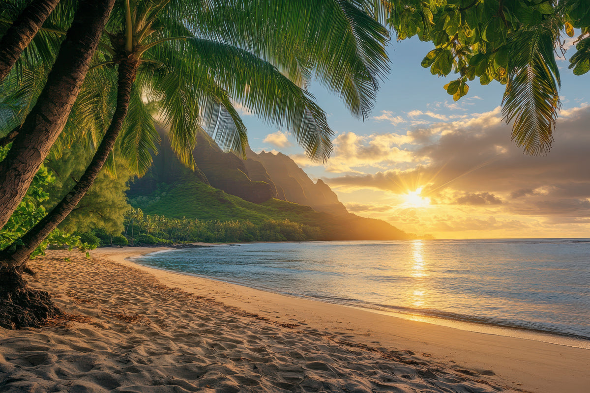 Papier peint plage - Plage hawaïenne avec palmiers