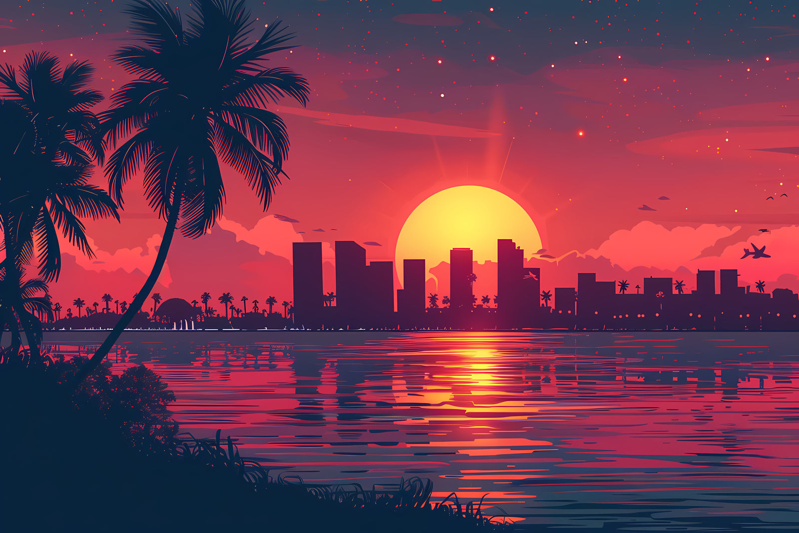Papier Peint Tropical Sunset - Skyline Miami Mood