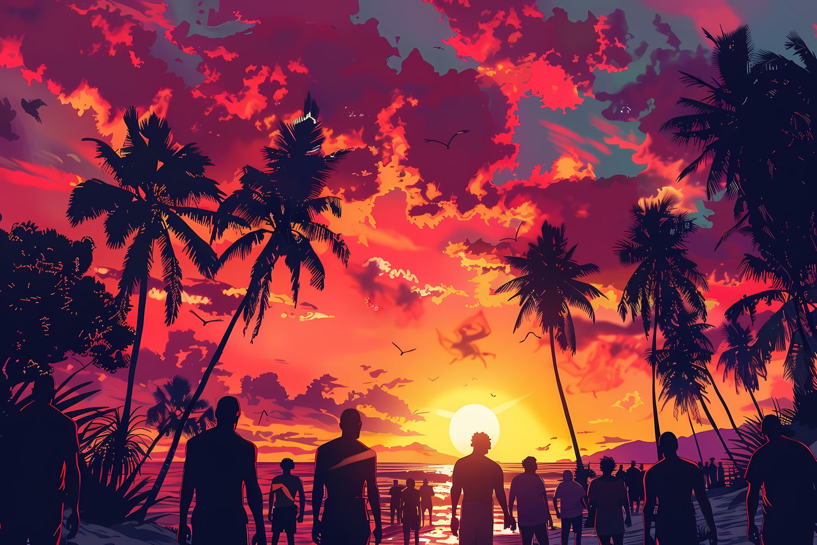 Papier Peint Pop Art Tropical - Sunset Palmiers Silhouettes