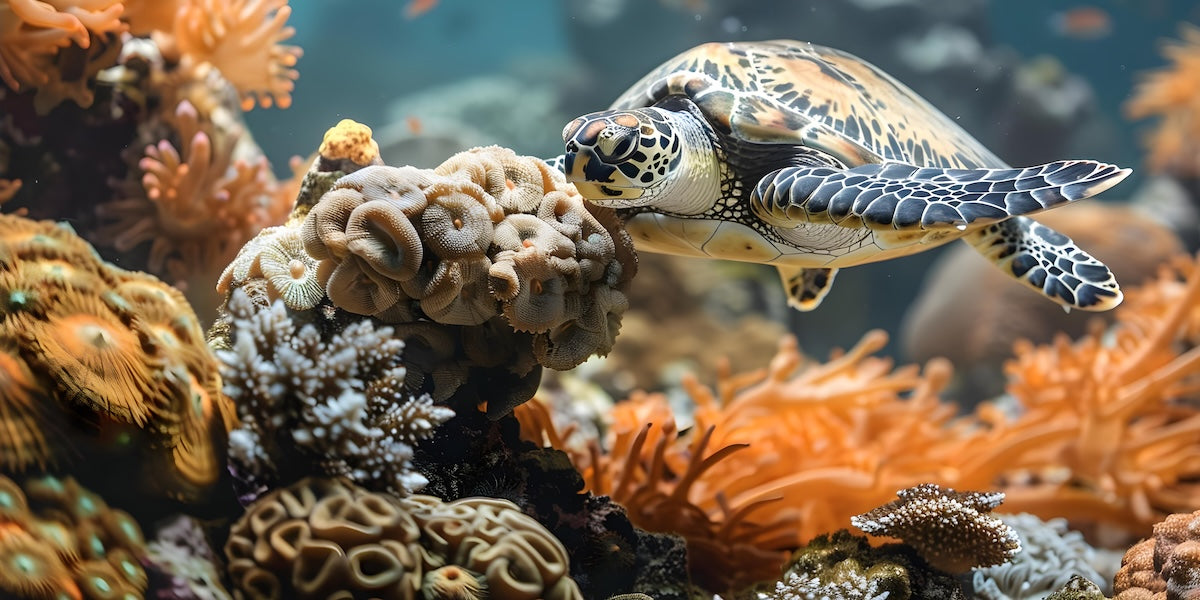 Papier peint animaux - tortue de mer se posant sur le récif