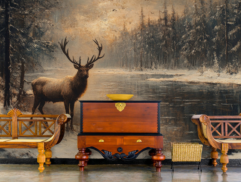 Papier Peint Illustration - Forêt Enneigée Et Cerf