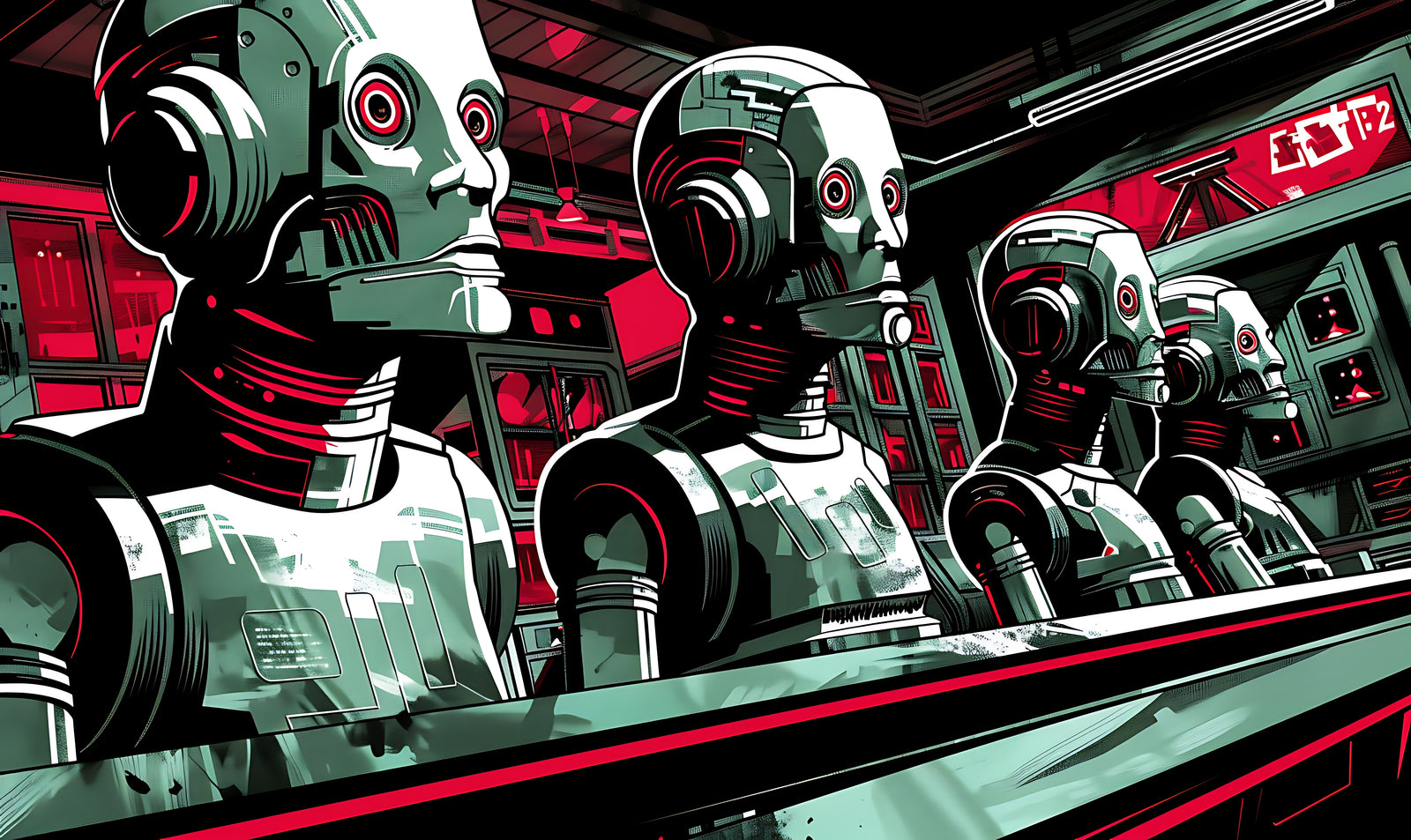 Science fiction wallpaper – industrial robots in a row