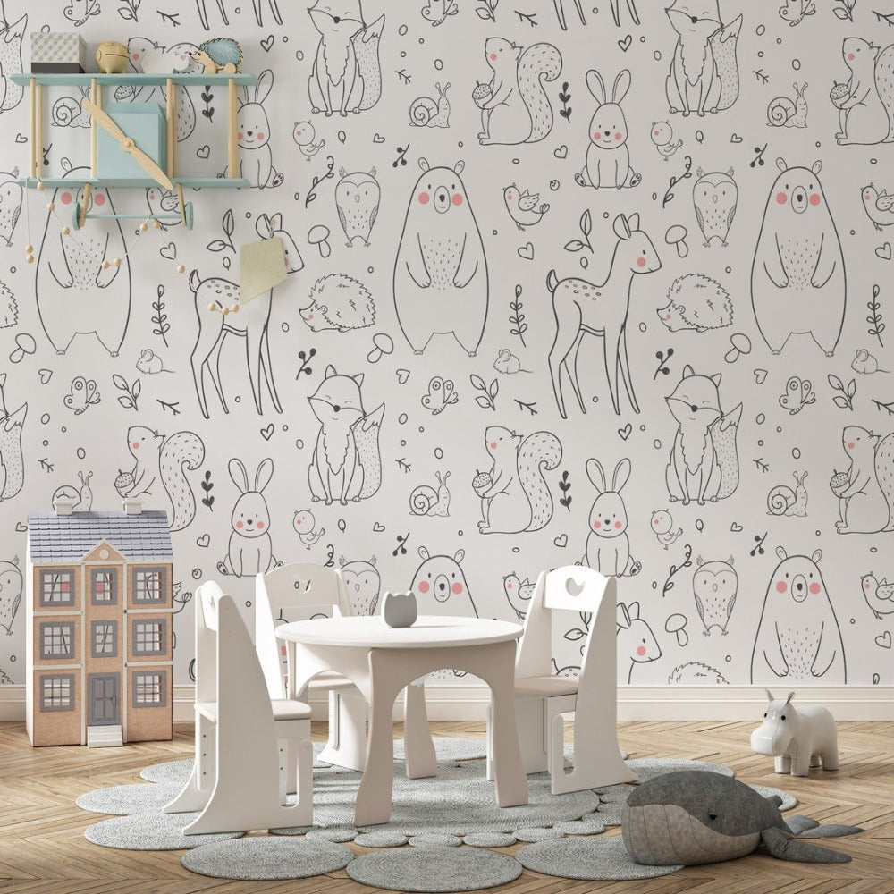 Children's Wallpaper – Sweet Sketched Menagerie