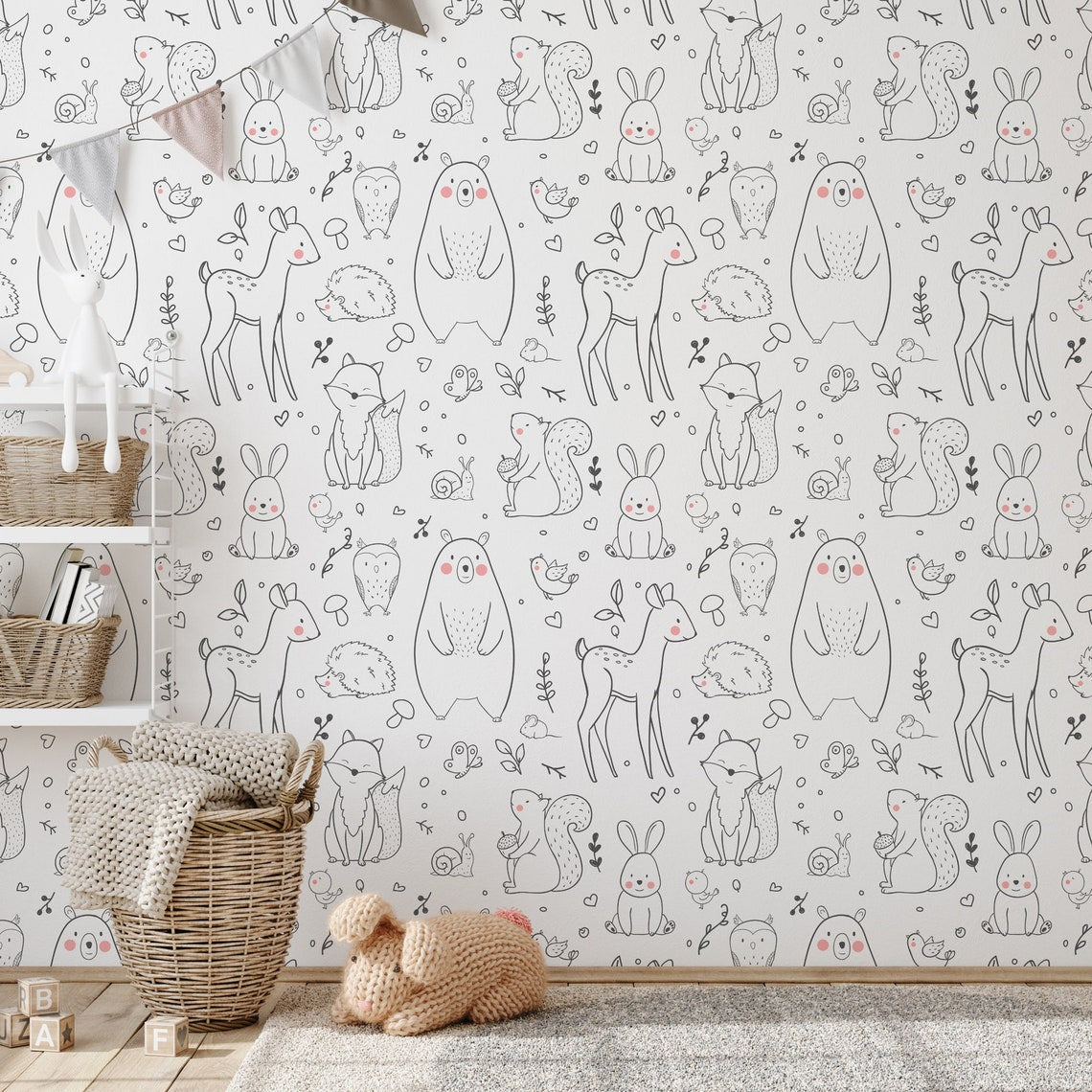 Children's Wallpaper – Sweet Sketched Menagerie
