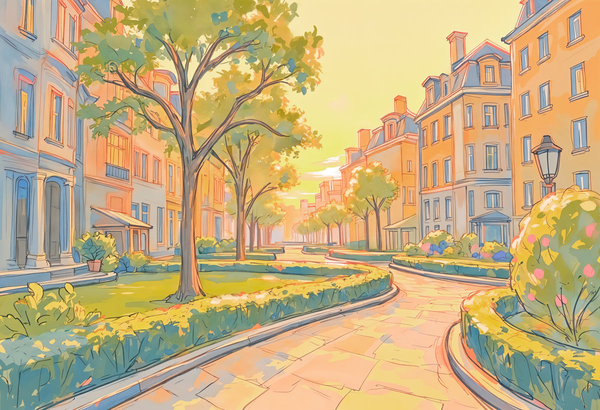 Papier peint urbain - Allée bordée d'arbres et d'immeubles